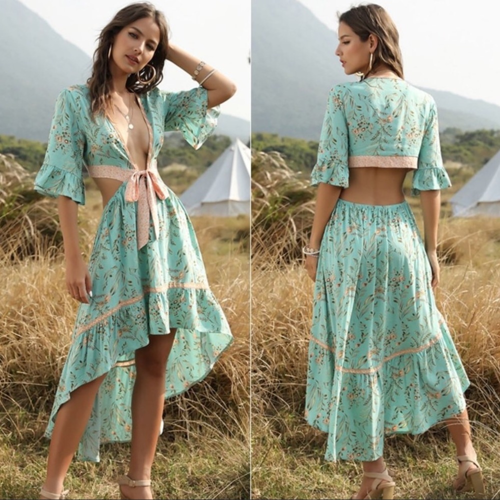 Boho Floral Print Cut Out Plunging Neckline Dress